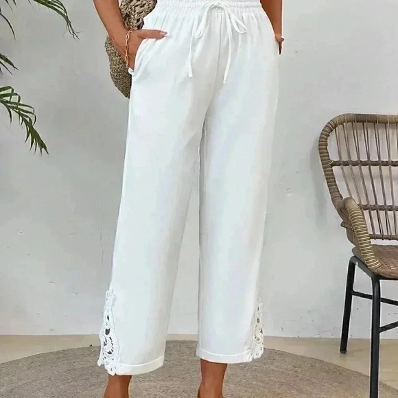 Boho Women's Patchwork Elastic Waist Slant Pocket Straight Leg Pants White - Picture 7 of 7